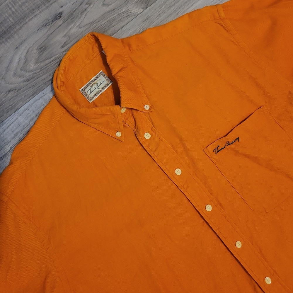 Vintage Thomas Burberry Shirt Mens Medium Orange Corduroy Button Down USA Made